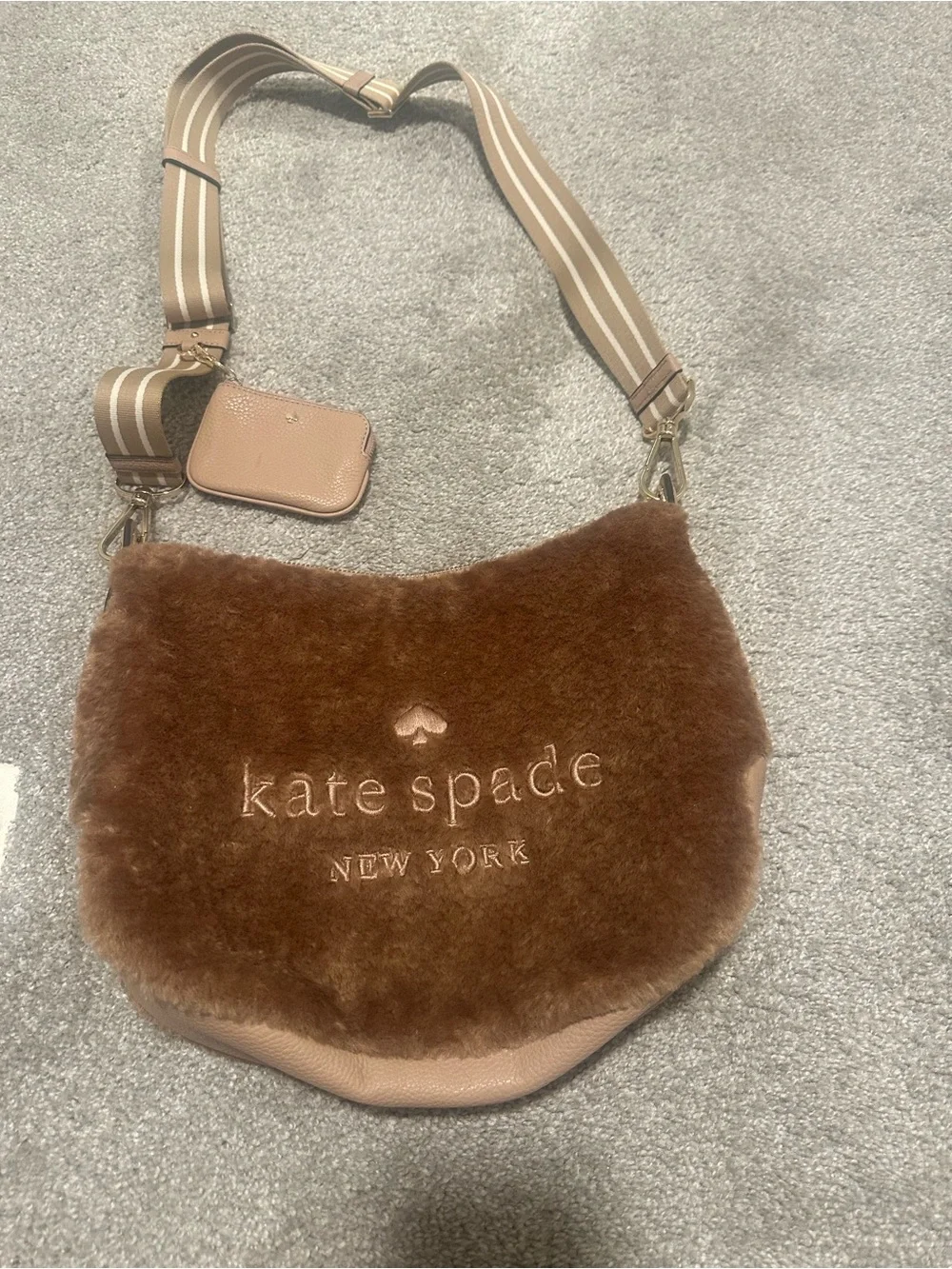 kate spade Brown Faux-Fur Crossbody with Striped Strap